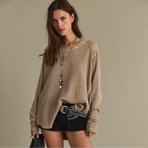Free People FP One Blake Thermal Waffle Knit Patch Elbows Top Moon Rock Size S
